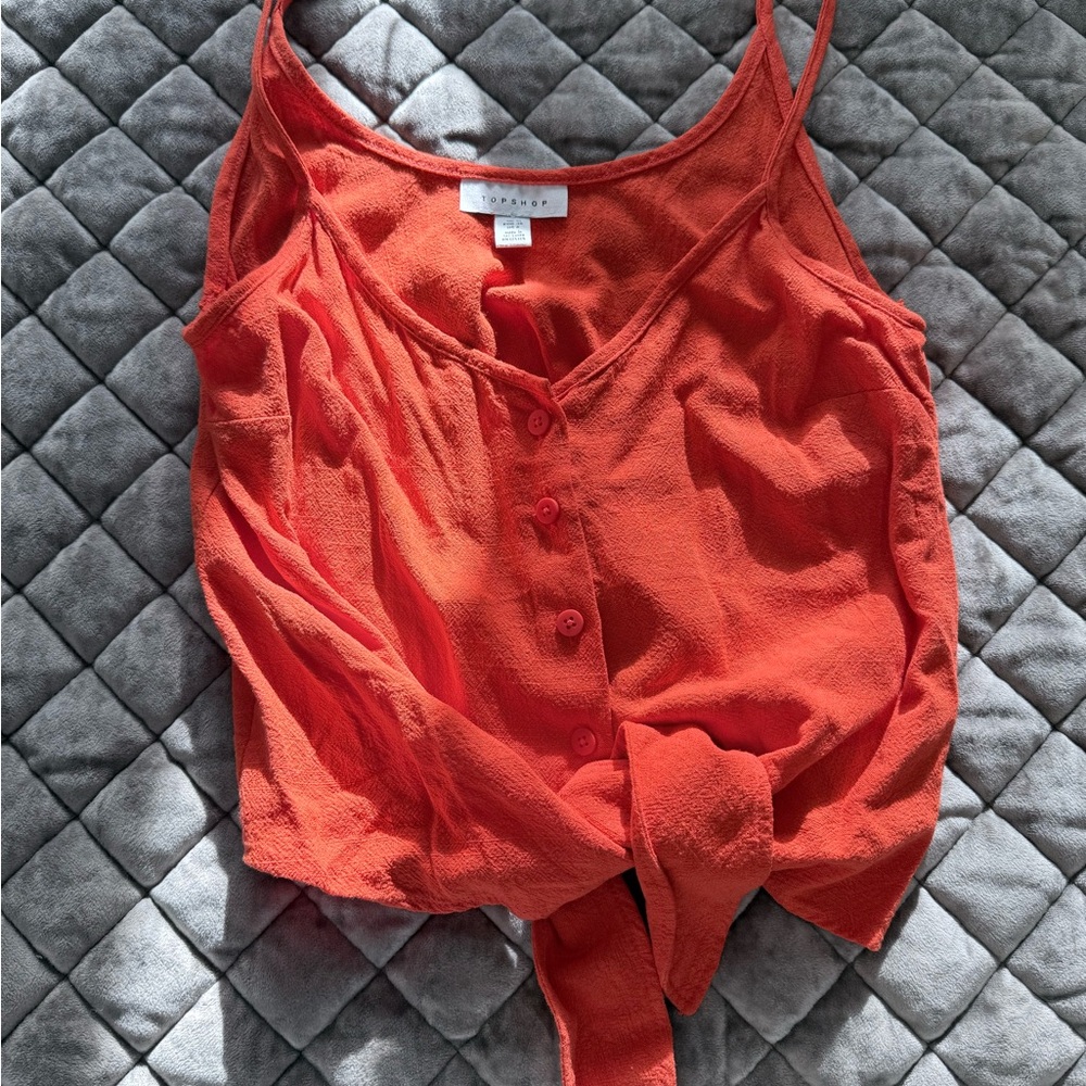 Topshop Orange-Red V-Neck Button Tank with Front Tie